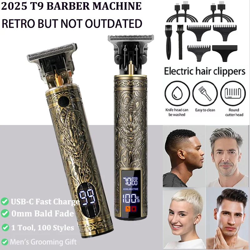 T9 Vintage Hair Clipper for Men — Professional Cordless Beard & Body Trimmer | Antique Design | USB Rechargeable